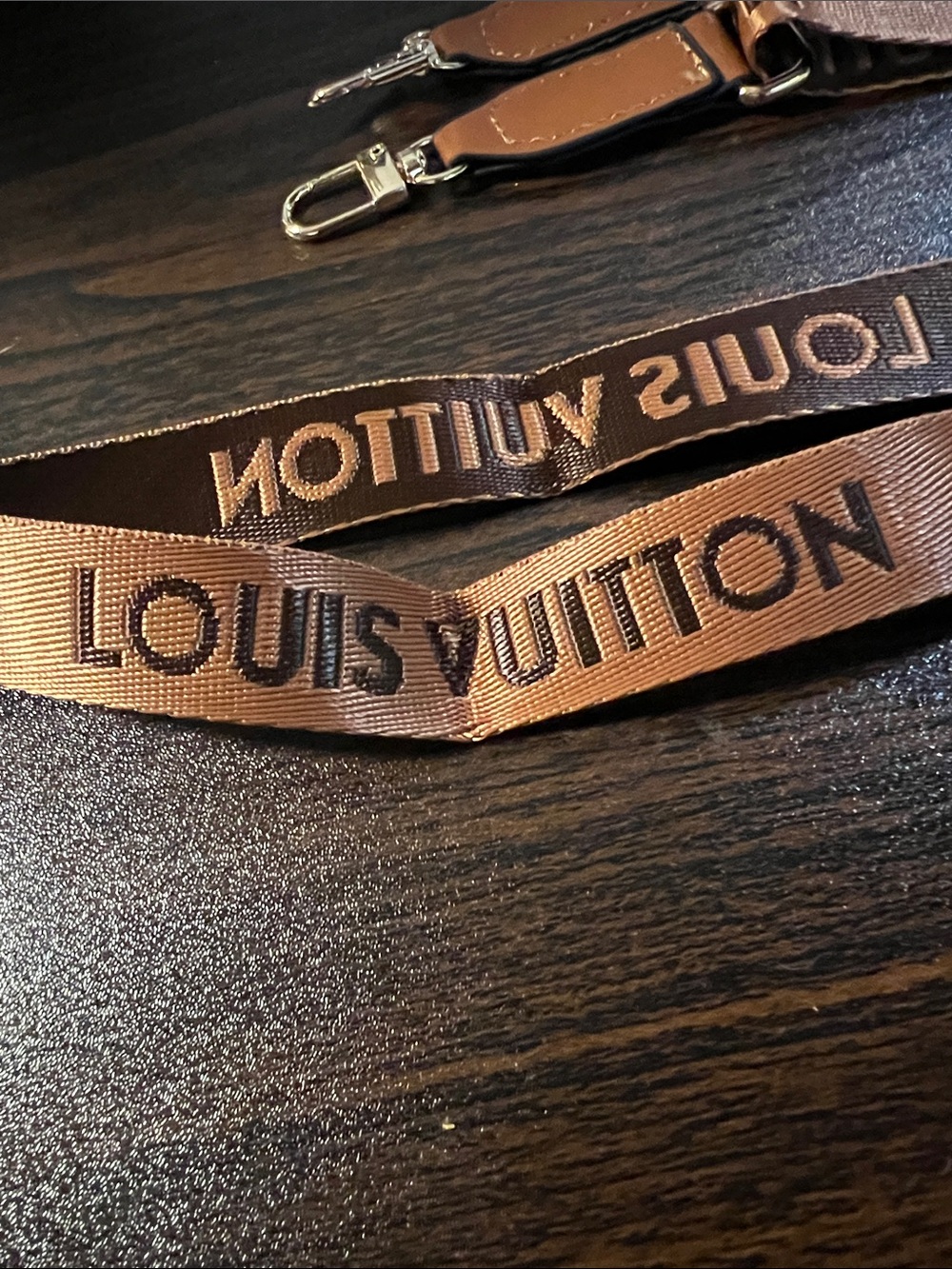 Designer Like LV Tan and Brown Logo Webbing Strap with Gold Hardware - Picture 2 of 4